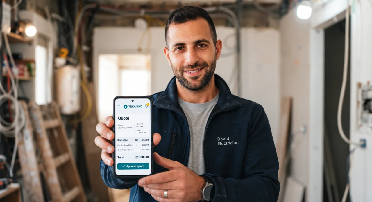 An electrician holding a phone with a TEKANGO quote