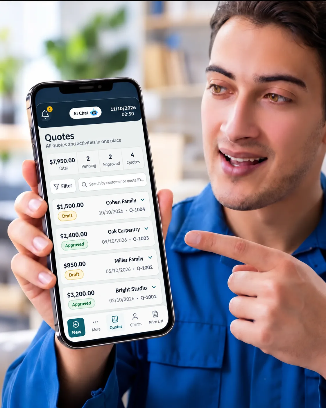 A tradesperson pointing at the TEKANGO quotes list on a phone